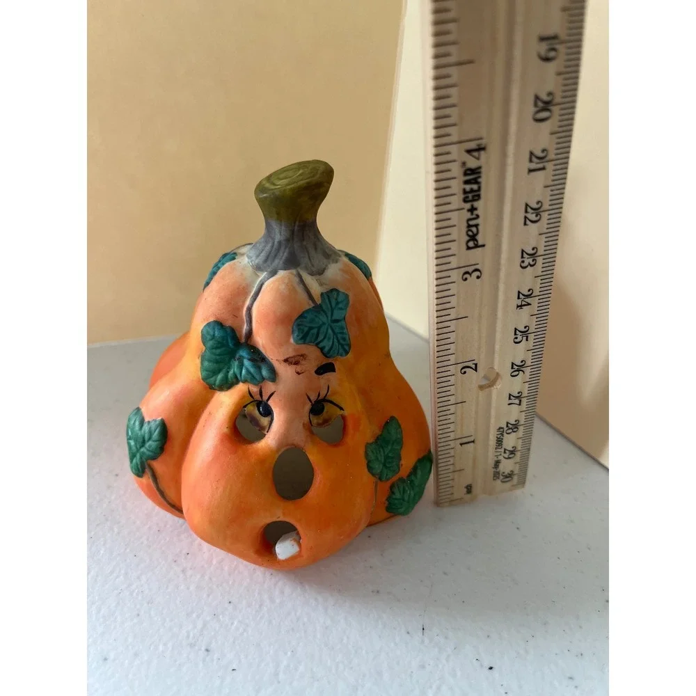 Vintage Ceramic Pumpkin Tea Light Holder Orange Jack O Lantern Fall Decor 4.5in
